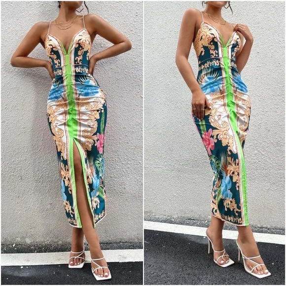 Luxe Floral Print Sexy Evening Bodycon Dress - Picture 8 of 8